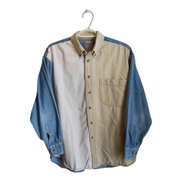 riggins Other - Vintage Riggins Two-Tone Denim & Khaki Button-Up Shirt Medium 80s 90s Cowboy
